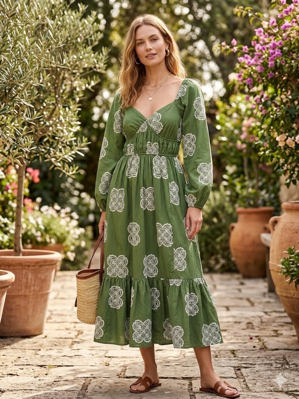 Olive Green Printed V-Neck‎ Maxi Dress